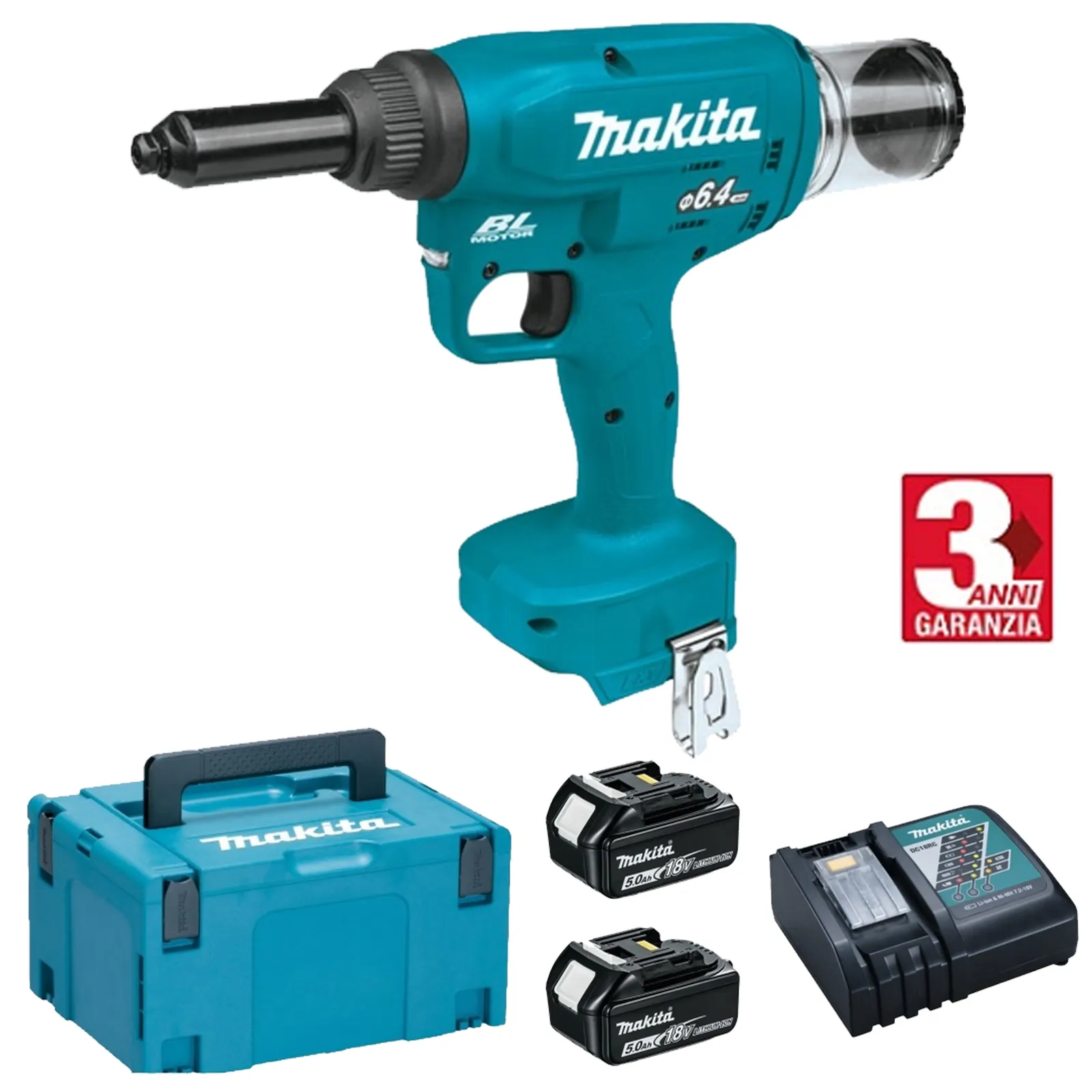 Rivettatrice a Batteria 18V MAKITA Kit MakPac Professionale 2,4 4,8mm DRV150RTJ
